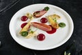 Exquisite Serving Creative Molecular Dish of Duck Breast, Baked Pear and Cherry Spheres