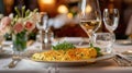 Exquisite serving of omelette for breakfast in a luxury restaurant. The table for two is elegantly set with crystal Royalty Free Stock Photo