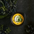 Exquisite Serving Pumpkin Cream Soup with Ricotta Cheese Mousse Top View Royalty Free Stock Photo