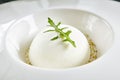 Exquisite Serving Restaurant Plate of White Parmesan Sphere with Black Angus Tartare Top View