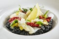 Exquisite Serving White Restaurant Plate of Black Risotto with Octopus, Cuttlefish or Squid Meat