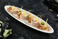 Exquisite Serving White Restaurant Plate with Mousse of Cod Liver, Onion and Crispy Chips Royalty Free Stock Photo