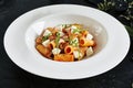 Exquisite Serving White Restaurant Plate of Rigatoni Pasta in Tomato Sauce with Milk Mozzarella