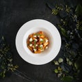 Exquisite Serving White Restaurant Plate of Rigatoni Pasta in Tomato Sauce with Milk Mozzarella Top View