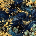 Exquisite silk golden patterned background with whimsical leaves on blue (tiled)