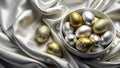Exquisite Silver and Gold Easter Eggs in a Luxurious Bowl A Festive Spring Decoration for a Touch of Royalty Free Stock Photo