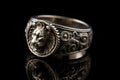 Silver ring with lion on a black background. Luxury jewelry Ai generative Royalty Free Stock Photo