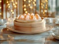 Exquisite Steamed Shrimp Dumplings in Bamboo Basket with Elegant Restaurant Setting and Warm Bokeh Lights