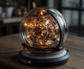 Intricate steampunk style clockwork globe illuminating the surrounding space with warm amber lights in a cozy ambient Royalty Free Stock Photo