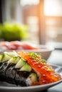 Exquisite Sushi Roll with Fresh Eel and Cucumber Garnished with Fish Roe Freshly Prepared and Plated for Fine Dining Experience Royalty Free Stock Photo