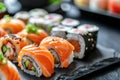 Exquisite Sushi Roll with Salmon and Roe Presentation