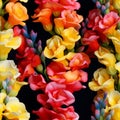 Exquisite top view of colorful snapdragon flower blooms forming an enchanting seamless pattern