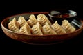 Exquisite Traditional Asian Dumplings Served in a Ceramic Plate with Soy Sauce on a Dark Background Culinary Delights of the East