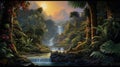 Exquisite Tropical Landscape Painting With Animals And Waterfalls Royalty Free Stock Photo