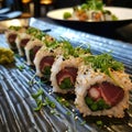 Exquisite Tuna and Green Bean Maki Served in a Sophisticated Restaurant Setting - A Generative AI