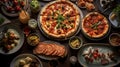 Exquisite Variety of Pizza and Bread on a Black Table - Chinapunk Inspired Culinary Extravaganza