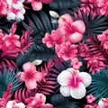 Exquisite vibrant tropical flower seamless pattern with hibiscus, orchids, and frangipani blossoms Royalty Free Stock Photo