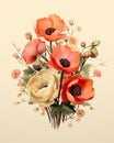 Exquisite vintage illustration,colorful bouquet of buds and vibrant large flowers in warm tones