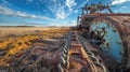 Exquisite visual highlighting a photo of an old, rusty plowing machine with metal chains and wooden structures lying on the g Royalty Free Stock Photo