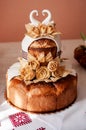 Exquisite Wedding Cake Adorned with Elegant Swans and Sugar Roses Royalty Free Stock Photo