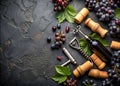 Exquisite Wine Tasting Experience: Diverse Corkscrews, Wine Corks, and Black Grapes on a Dark Background Royalty Free Stock Photo