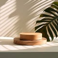 Exquisite Wood Grain Round Wood Podium Dish in Sunlight. Generative AI