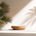 Exquisite Wood Grain Round Wood Podium Dish in Sunlight. Generative AI