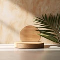 Exquisite Wood Grain Round Wood Podium Dish in Sunlight. Generative AI