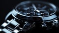 Exquisite wristwatch on black background, sleek modern design in black and silver tones, high-end luxurious feel