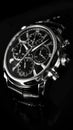 Exquisite wristwatch on black background, sleek modern design in black and silver tones, high-end luxurious feel