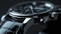 Exquisite wristwatch on black background, sleek modern design in black and silver tones, high-end luxurious feel