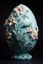 Exquisitely adorned easter egg showcased against a monochromatic pastel backdrop in a studio setting