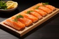 Exquisitely arranged smoked salmon slices on a rustic wooden presentation platter