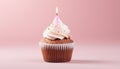 Exquisitely decorated birthday cupcake with flickering candle on light pink background