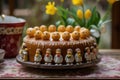 An exquisitely decorated cake with playful sugar figures and a bounty of nuts and candy, evoking a spring celebration