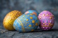 Exquisitely Decorated Easter Eggs In Rich Gold, Vibrant Blue, Bright Pink With Intricate Patterns