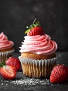 A gourmet cupcake topped with smooth strawberry frosting and a fresh berry, set against a dark, elegant backdrop. Generative AI