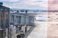 Extendable telescopic gangway at the airport to the plane on the runway with a metal ladder on a cold winter day. Terminal view Royalty Free Stock Photo