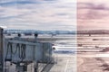 Extendable telescopic gangway at the airport to the plane on the runway with a metal ladder on a cold winter day. Terminal view Royalty Free Stock Photo