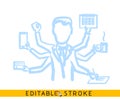 Multitask office employee. Line doodle sketch. Editable stroke icon