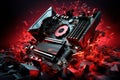 an extended overview of a modern computer. hardware components: a motherboard, a central processor, flying out of a black-and-red