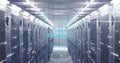 Extending corridor in server room featuring racks showing LED indicators, floor vents, cable trays Royalty Free Stock Photo