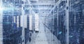 Extending server rack corridor running through data center, with binary code and math overlays Royalty Free Stock Photo