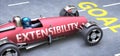 Extensibility helps reaching goals, pictured as a race car with a phrase Extensibility on a track as a metaphor of Extensibility