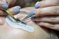 The extension of artificial eyelashes on an adult woman, the master spreads the eyelashes with a tweezers