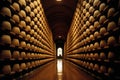 Extensive Array of Cheese Heads Neatly Displayed on Shelves in a Factory Warehouse