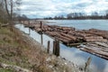 Log booms are anchored in the river awaiting transportation