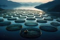 An extensive collection of fish cages floats effortlessly on the surface of a vast body of water, fish farm farming with nets, AI