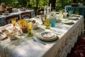 extensive collection of vintage linens, plates, and stemware for elegant picnic