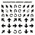 An extensive library of navigation arrows, including thick cursors, slim pointers, curved return symbols, Royalty Free Stock Photo
